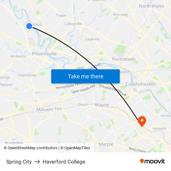 Spring City to Haverford College map
