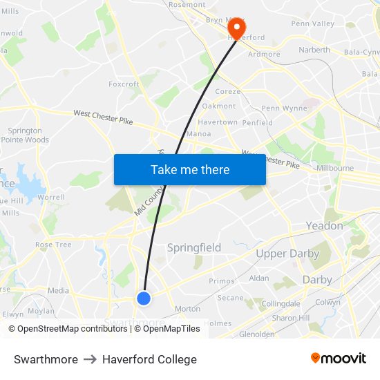 Swarthmore to Haverford College map