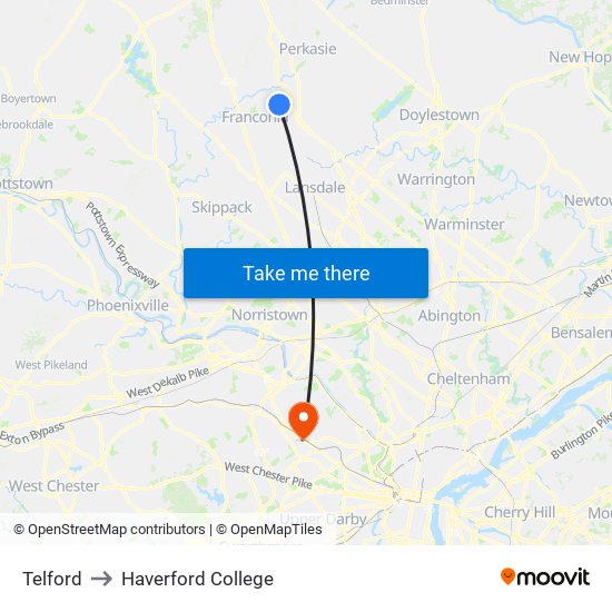 Telford to Haverford College map