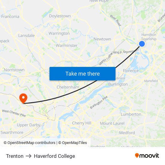 Trenton to Haverford College map