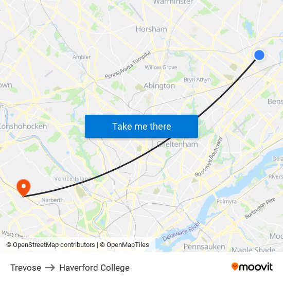 Trevose to Haverford College map