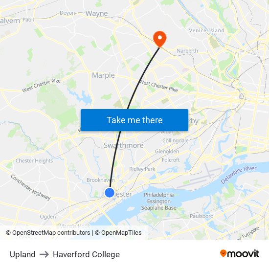 Upland to Haverford College map