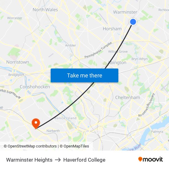 Warminster Heights to Haverford College map