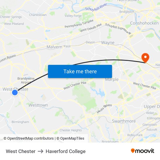 West Chester to Haverford College map
