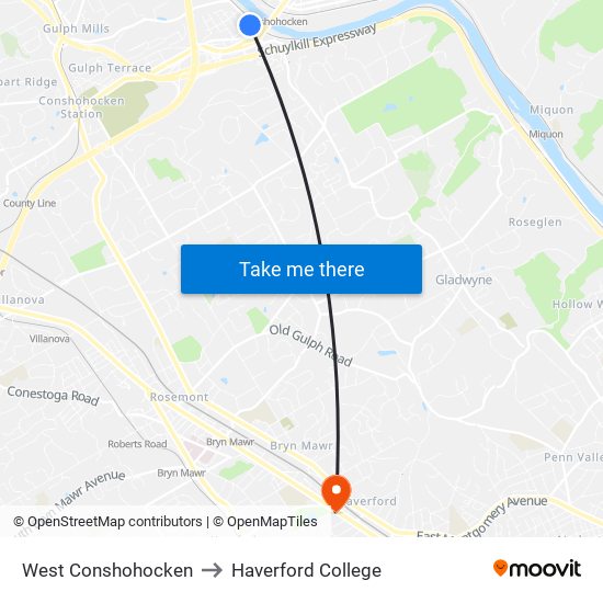 West Conshohocken to Haverford College map