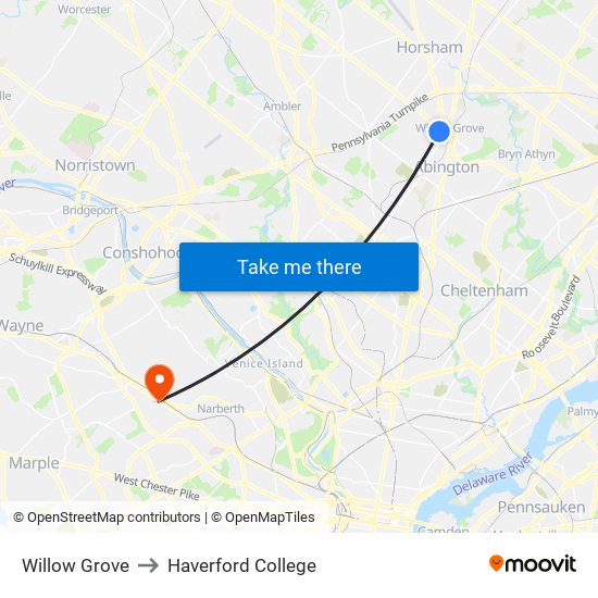 Willow Grove to Haverford College map