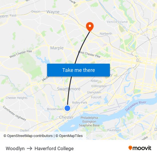 Woodlyn to Haverford College map