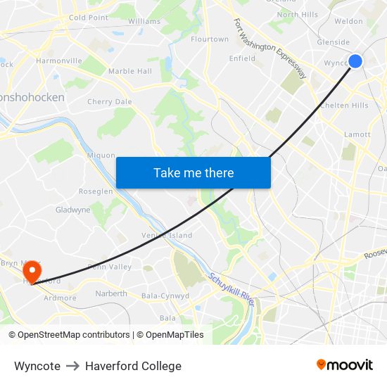 Wyncote to Haverford College map
