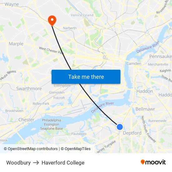 Woodbury to Haverford College map