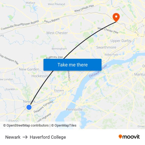 Newark to Haverford College map