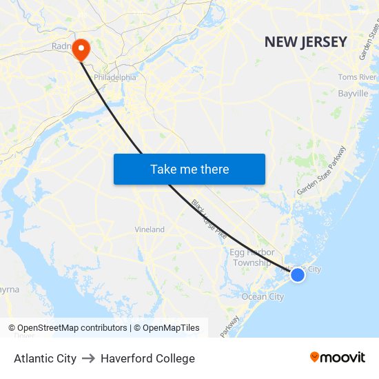 Atlantic City to Haverford College map