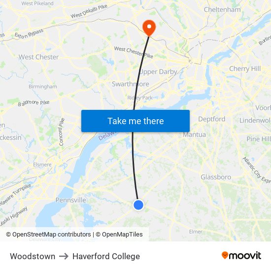 Woodstown to Haverford College map