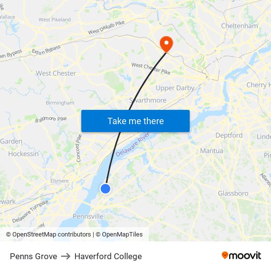 Penns Grove to Haverford College map