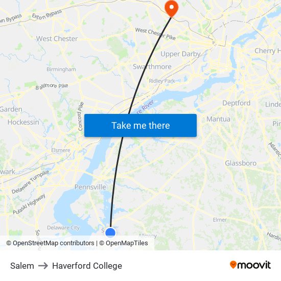Salem to Haverford College map