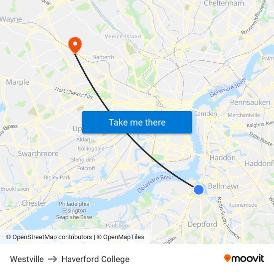 Westville to Haverford College map