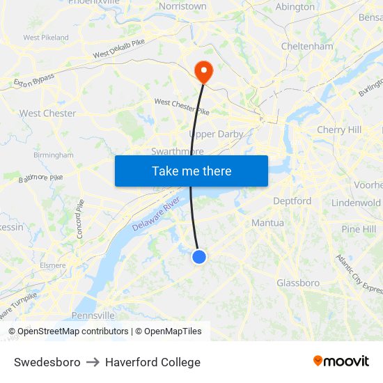 Swedesboro to Haverford College map