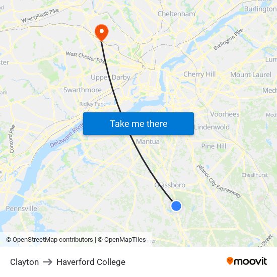 Clayton to Haverford College map