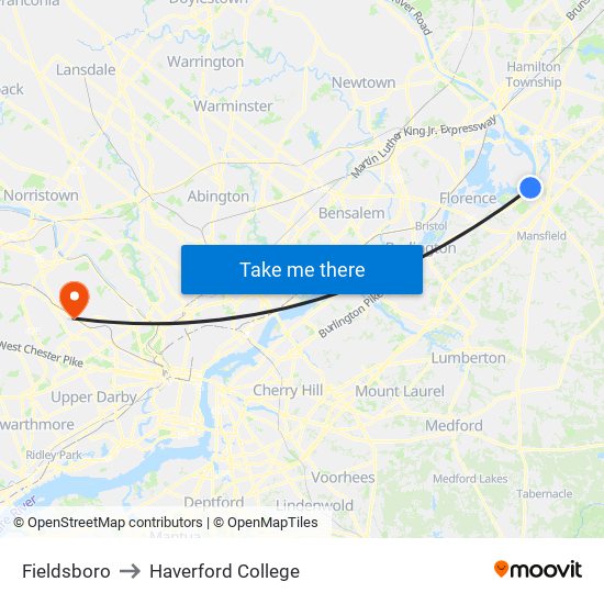 Fieldsboro to Haverford College map