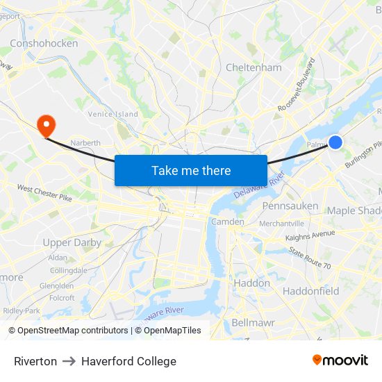 Riverton to Haverford College map