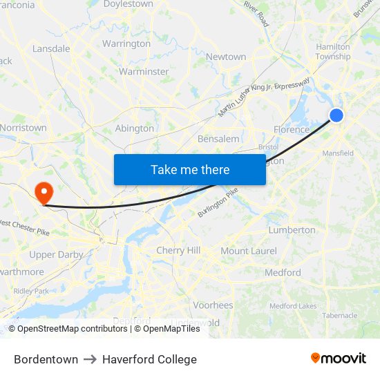 Bordentown to Haverford College map