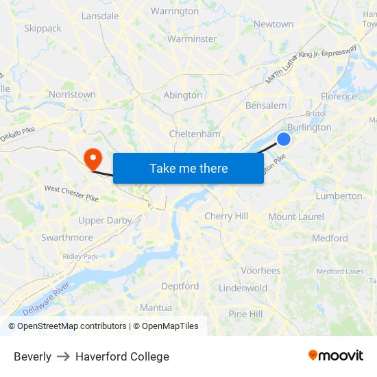 Beverly to Haverford College map