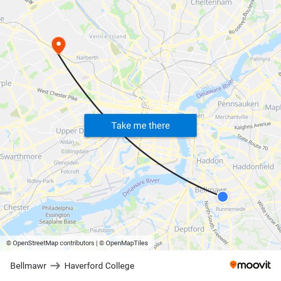 Bellmawr to Haverford College map