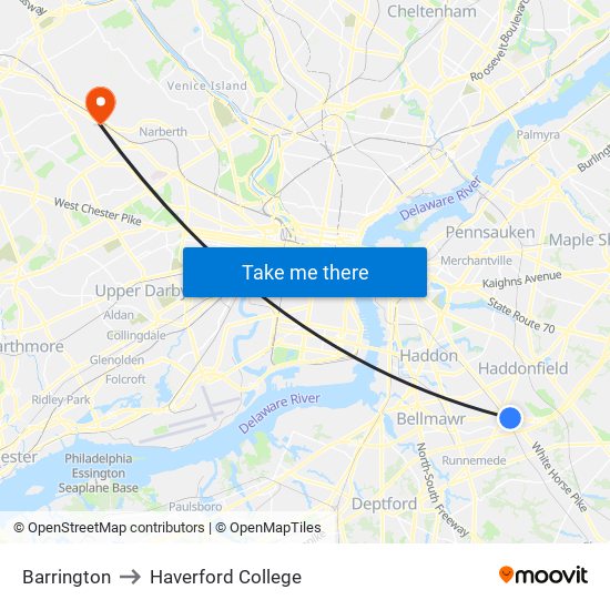 Barrington to Haverford College map