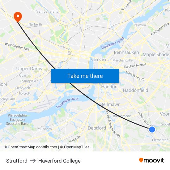 Stratford to Haverford College map