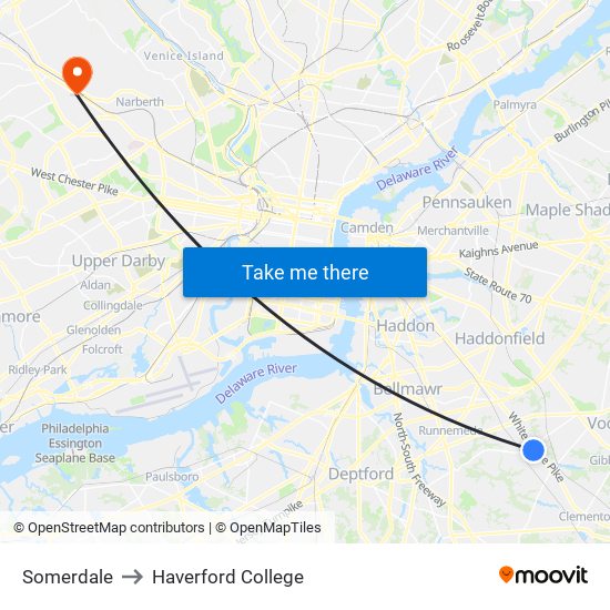 Somerdale to Haverford College map