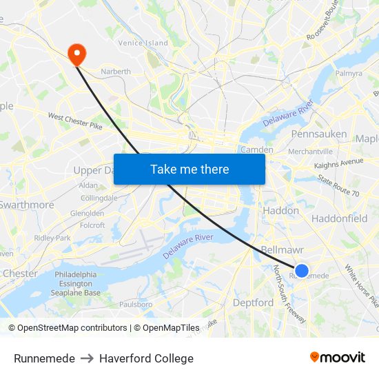 Runnemede to Haverford College map
