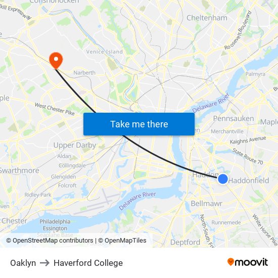 Oaklyn to Haverford College map