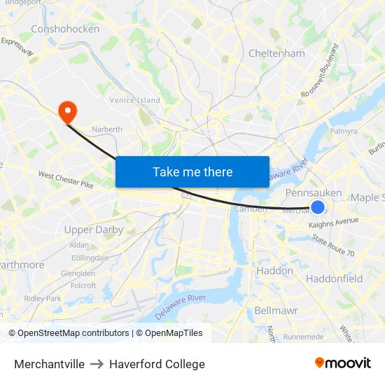 Merchantville to Haverford College map