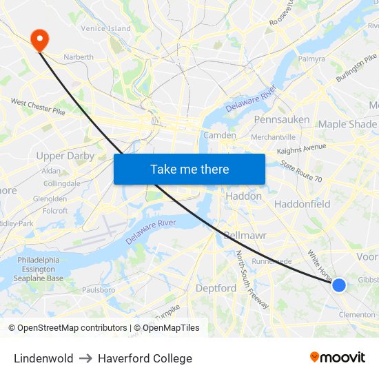 Lindenwold to Haverford College map