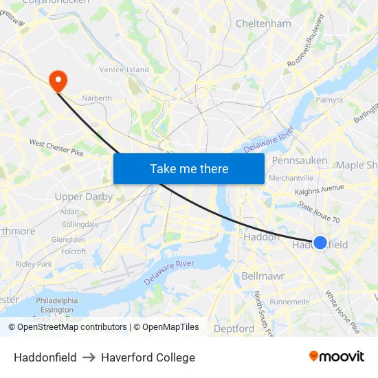 Haddonfield to Haverford College map