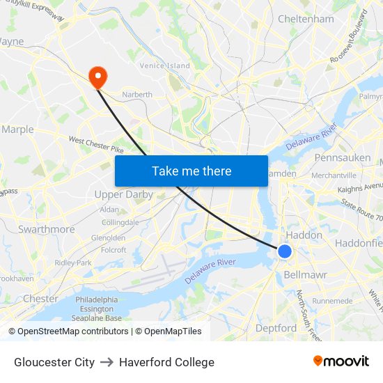 Gloucester City to Haverford College map