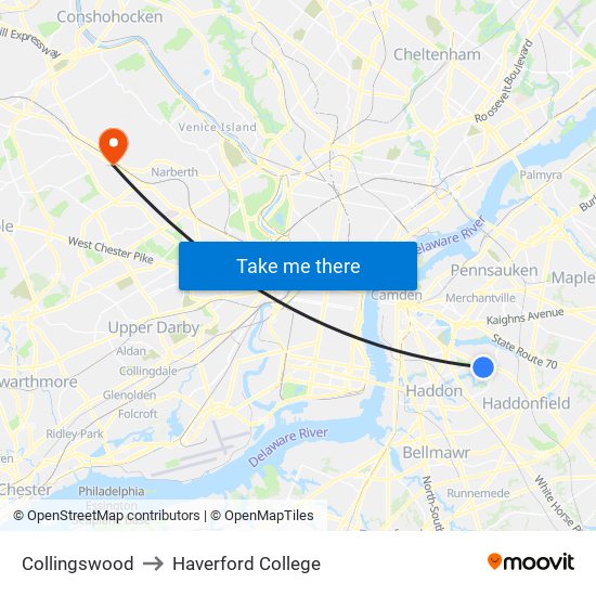 Collingswood to Haverford College map