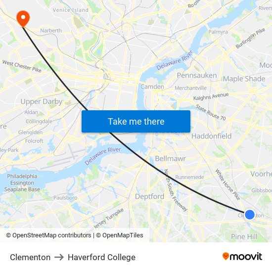 Clementon to Haverford College map