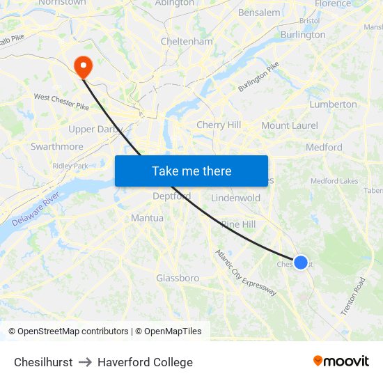 Chesilhurst to Haverford College map