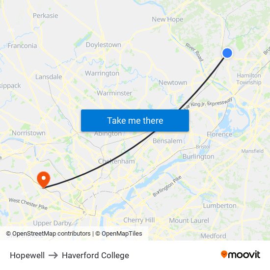 Hopewell to Haverford College map