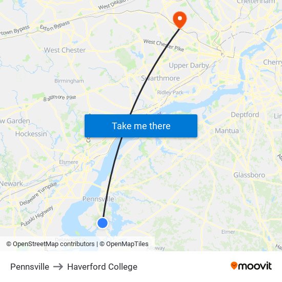 Pennsville to Haverford College map