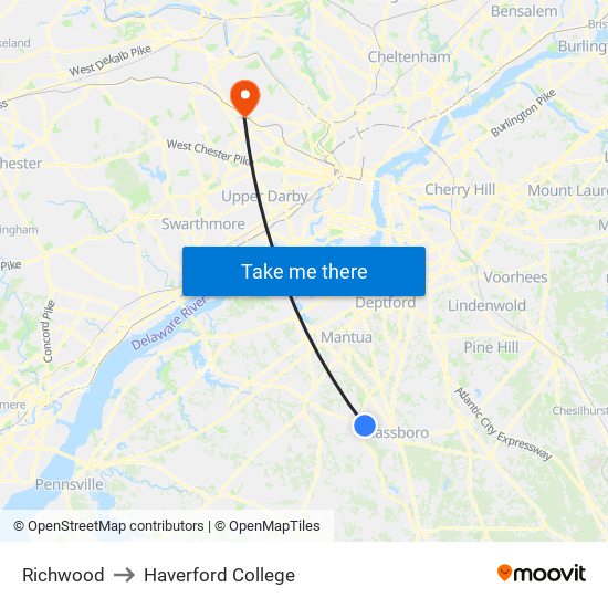 Richwood to Haverford College map