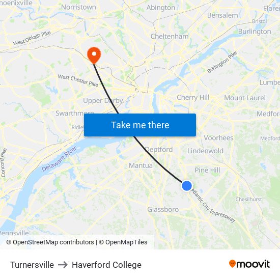 Turnersville to Haverford College map