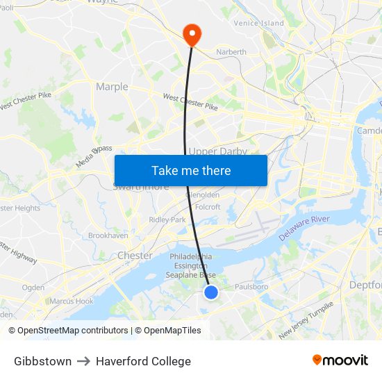 Gibbstown to Haverford College map
