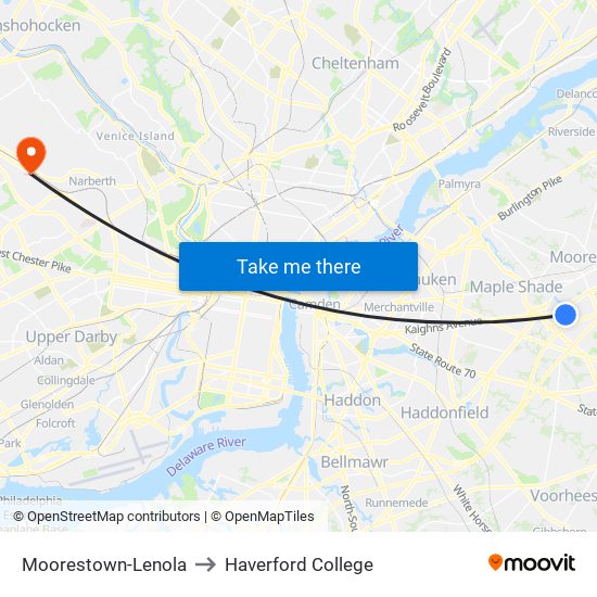 Moorestown-Lenola to Haverford College map