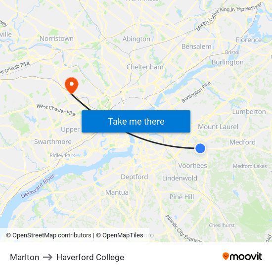 Marlton to Haverford College map