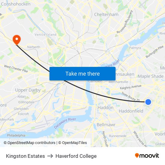 Kingston Estates to Haverford College map