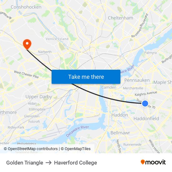 Golden Triangle to Haverford College map