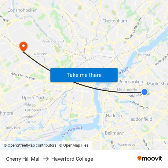Cherry Hill Mall to Haverford College map