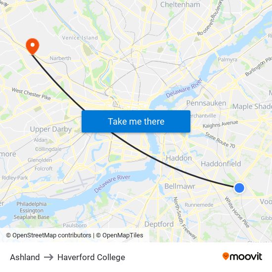 Ashland to Haverford College map