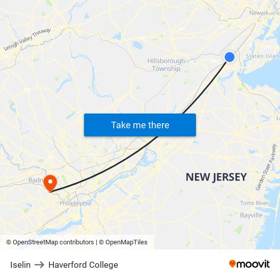 Iselin to Haverford College map